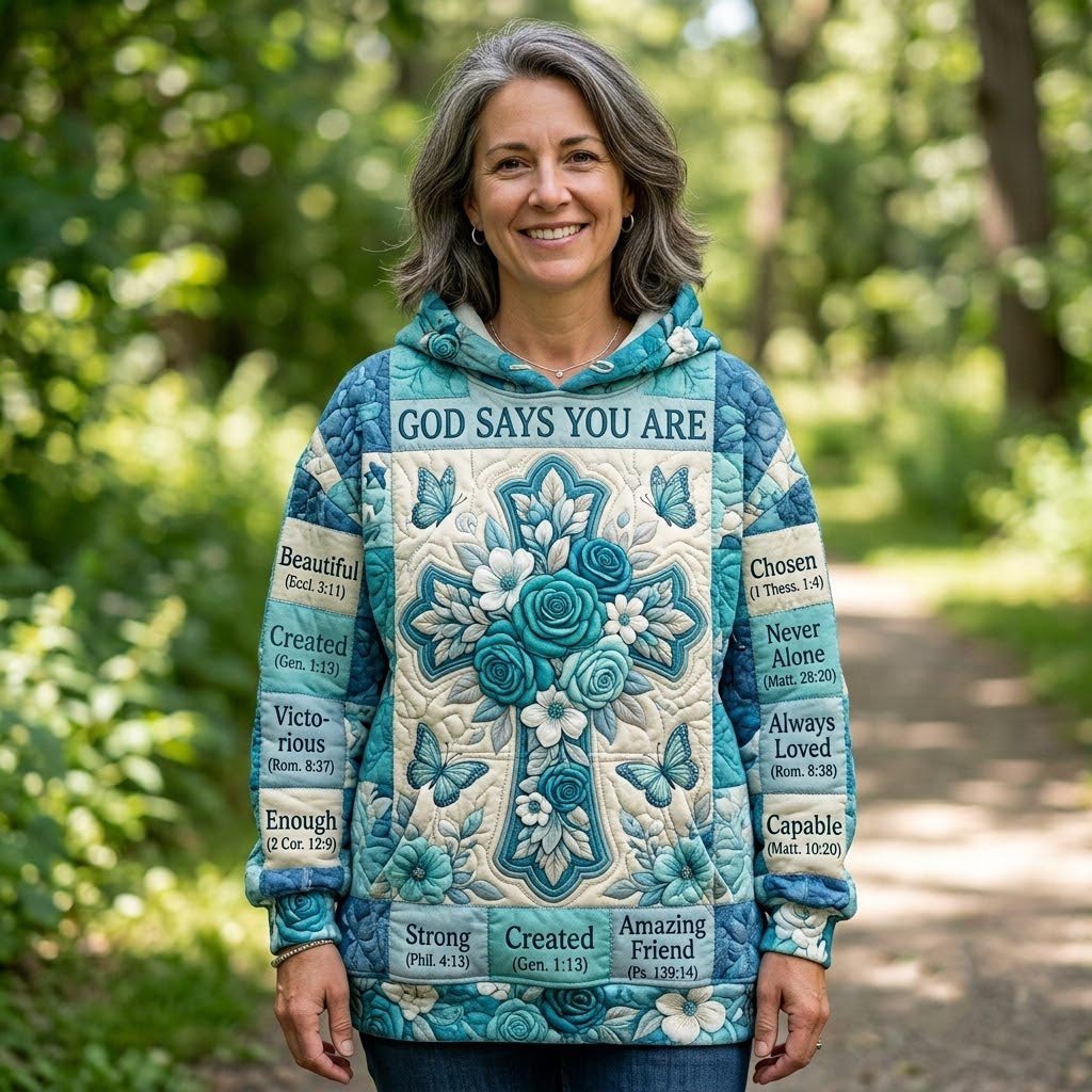God Says You Are Teal Floral Cross hoodie, all-over print