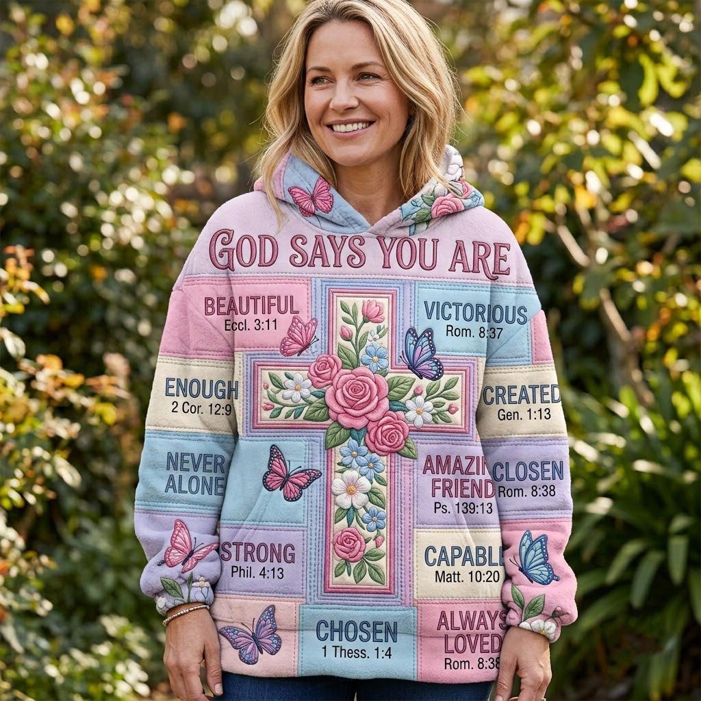 God Says You Are Pastel Rose Cross hoodie, all-over print