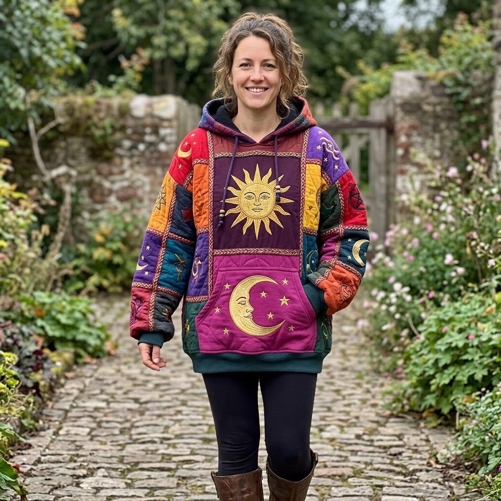 Sun and Moon on Jewel Patchwork hoodie, all-over print