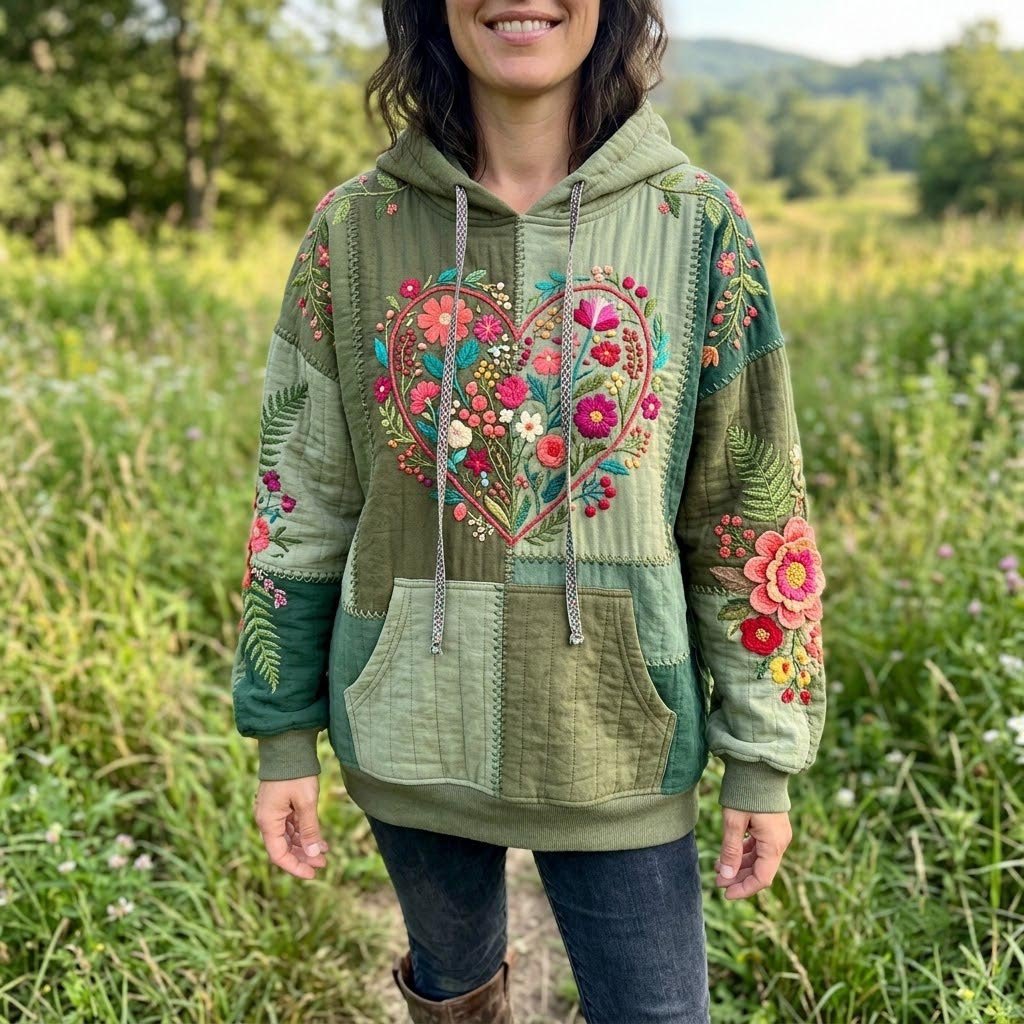 Floral Heart on Sage Patchwork hoodie, all-over print
