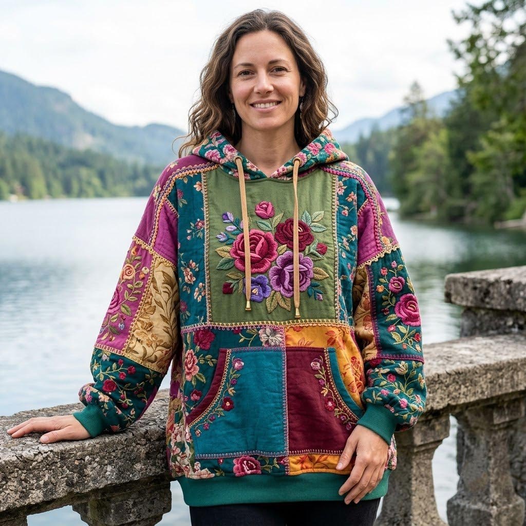 Teal and Plum Folk Flower Patch hoodie, all-over print