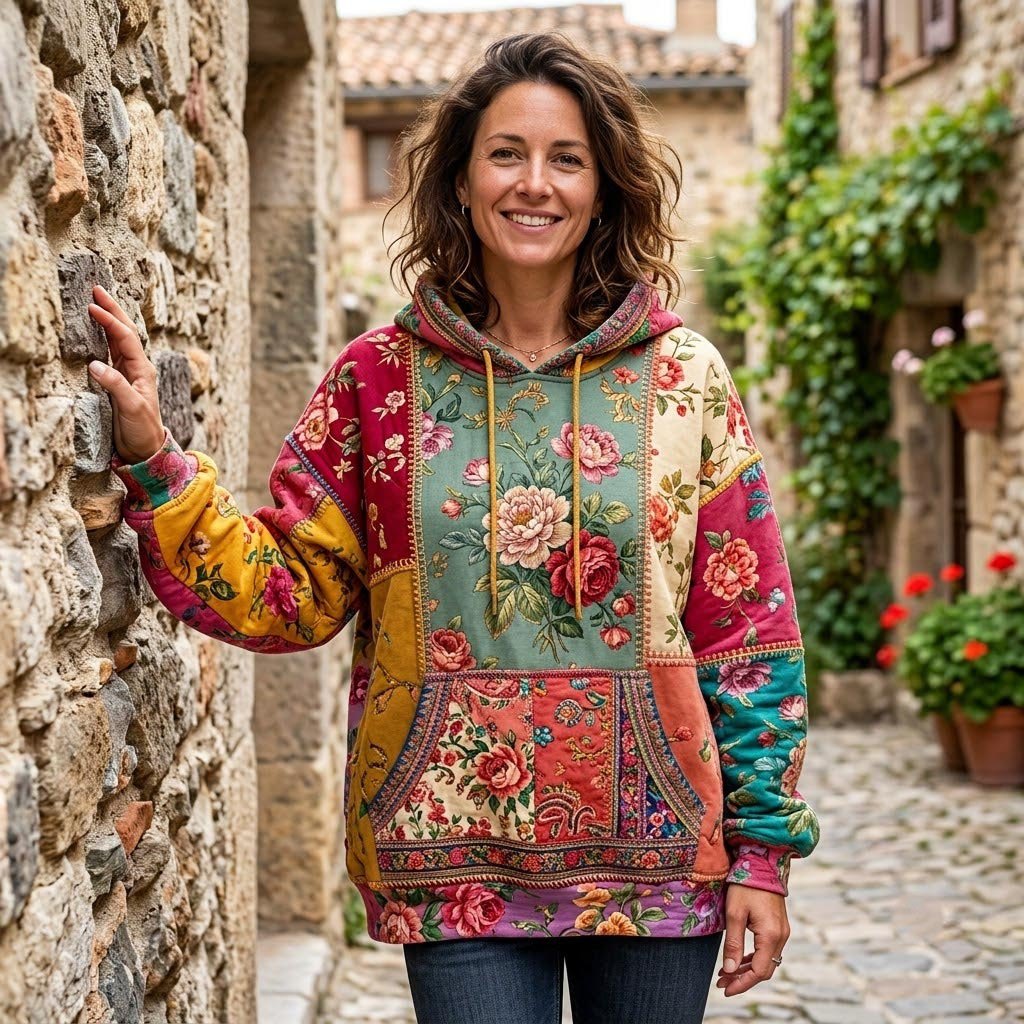 Autumn Bloom on Rust Patchwork hoodie, all-over print