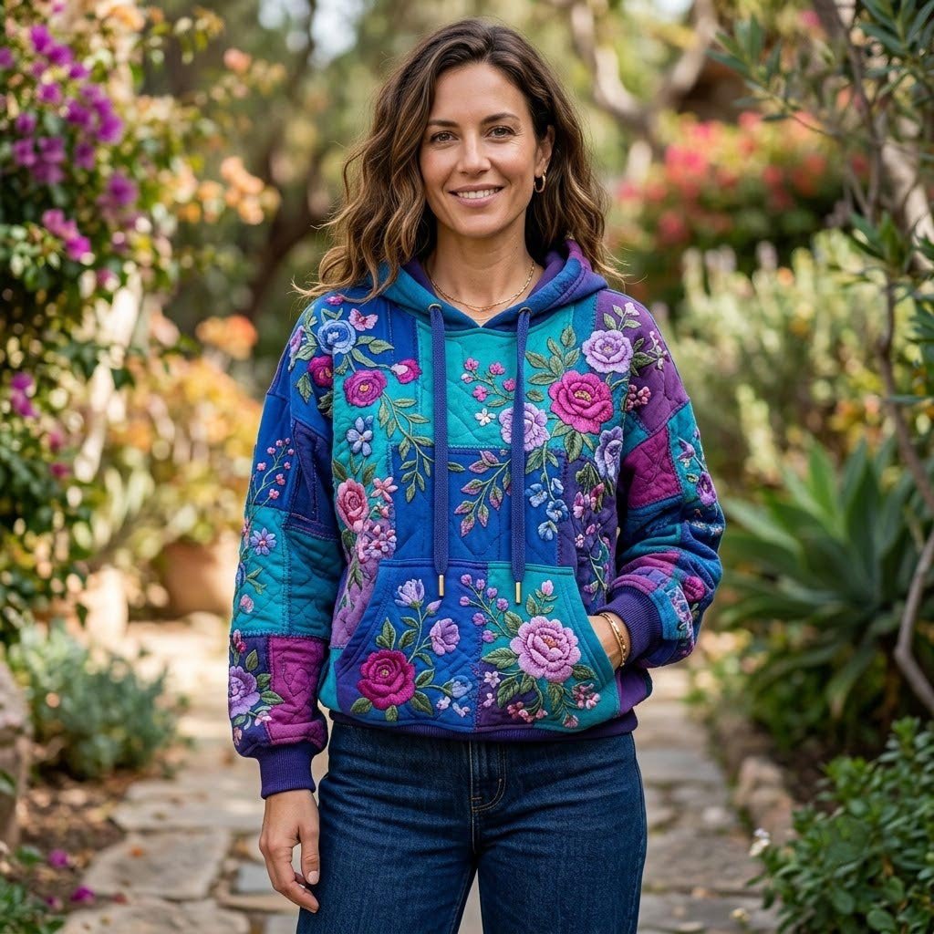 Roses on Cobalt and Violet Blocks hoodie, all-over print