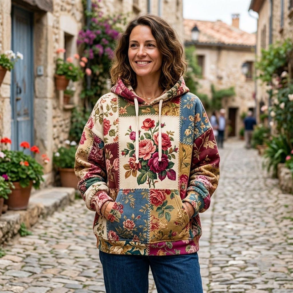 Pink Roses on Cream Panel hoodie, all-over print