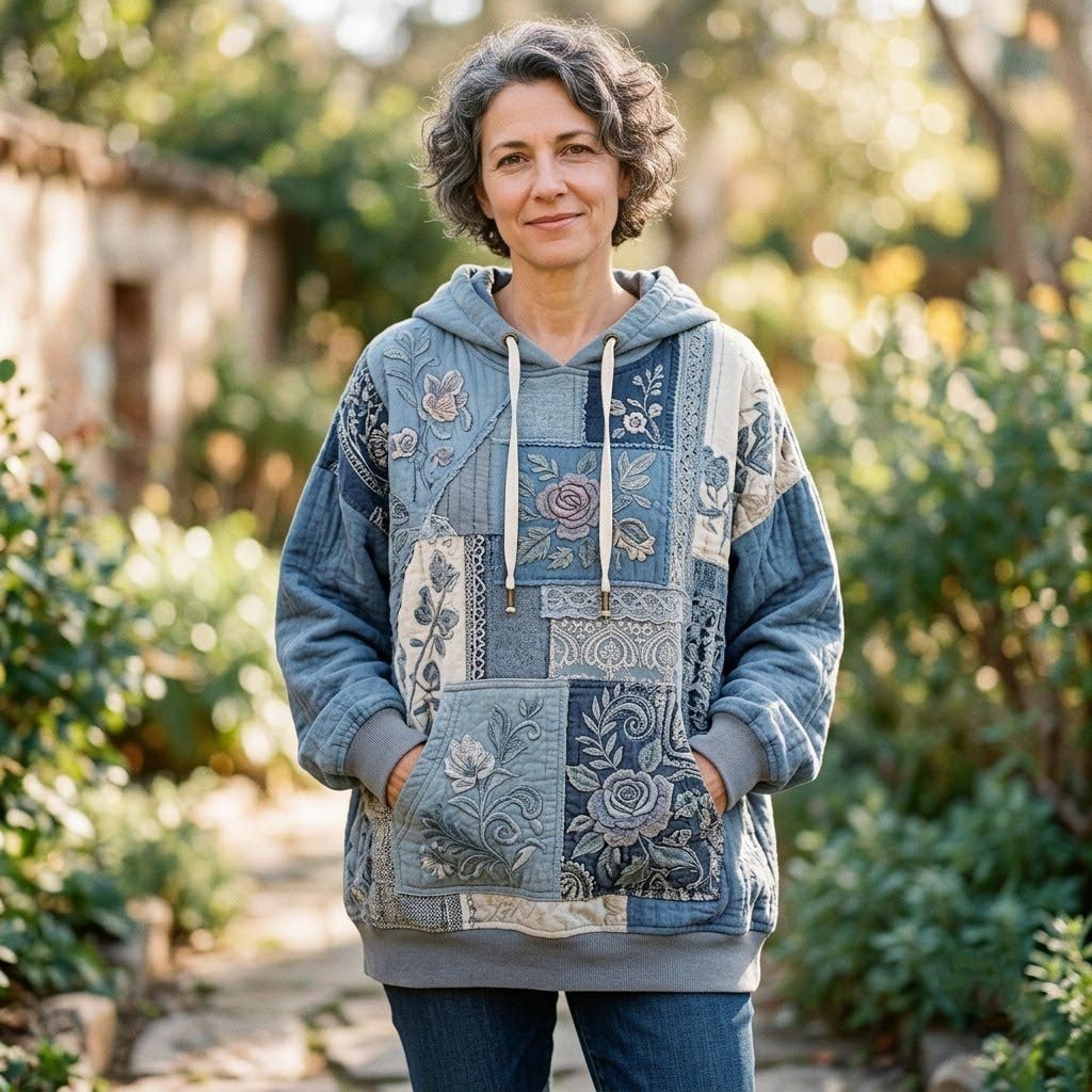 Chambray Blue Folk Flower Blocks hoodie, all-over print