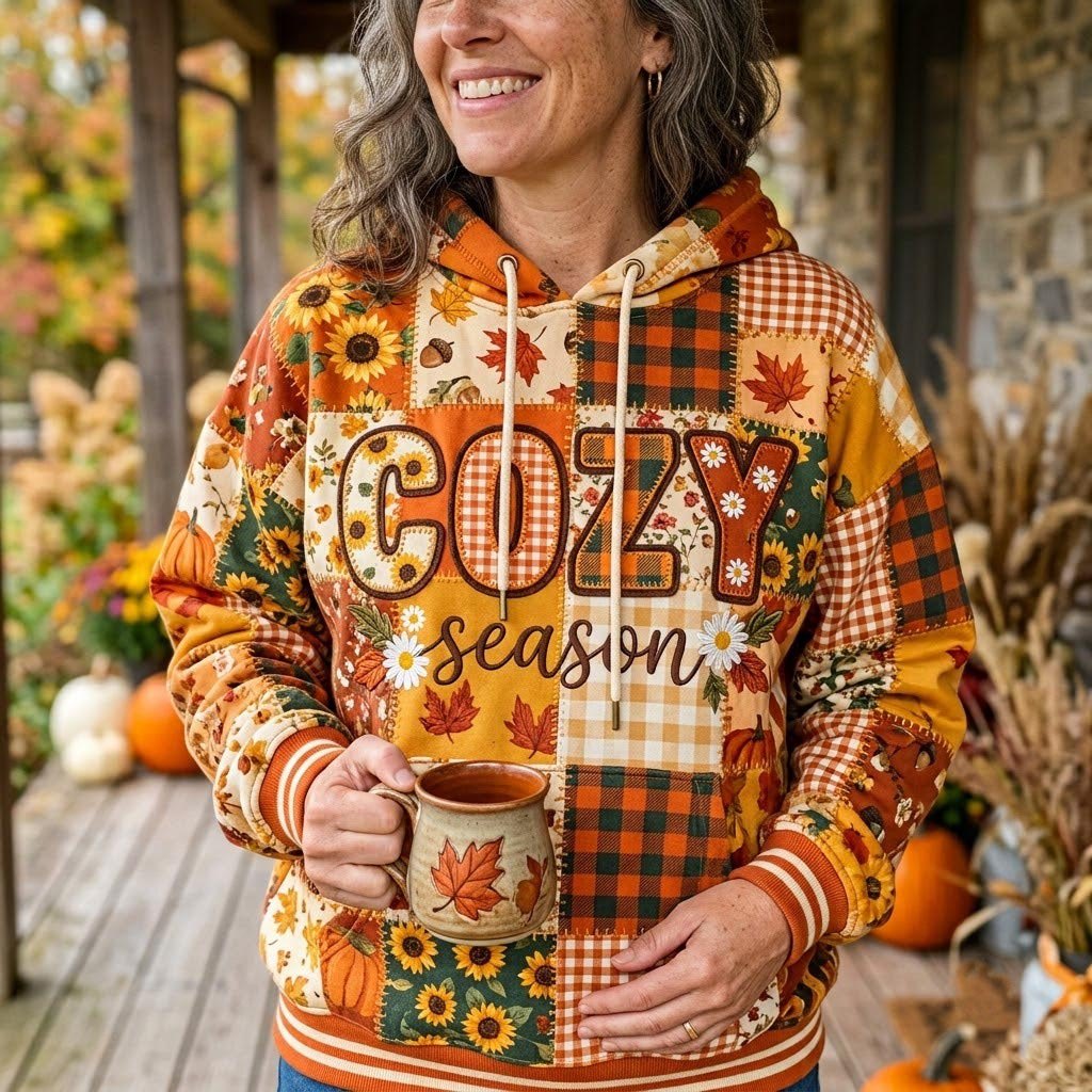Cozy Season on Amber Plaid hoodie, all-over print