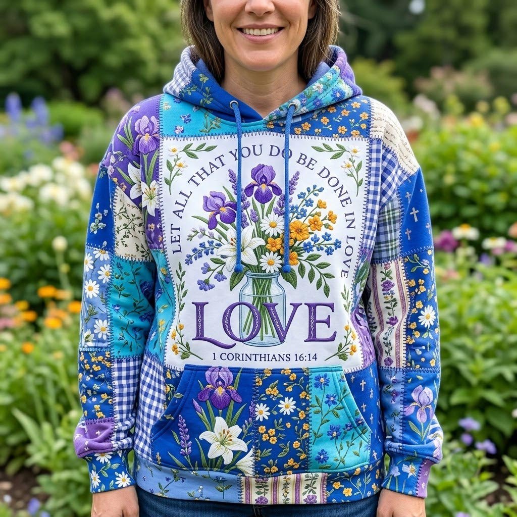 Love in Blue Iris and Wildflowers hoodie, all-over print