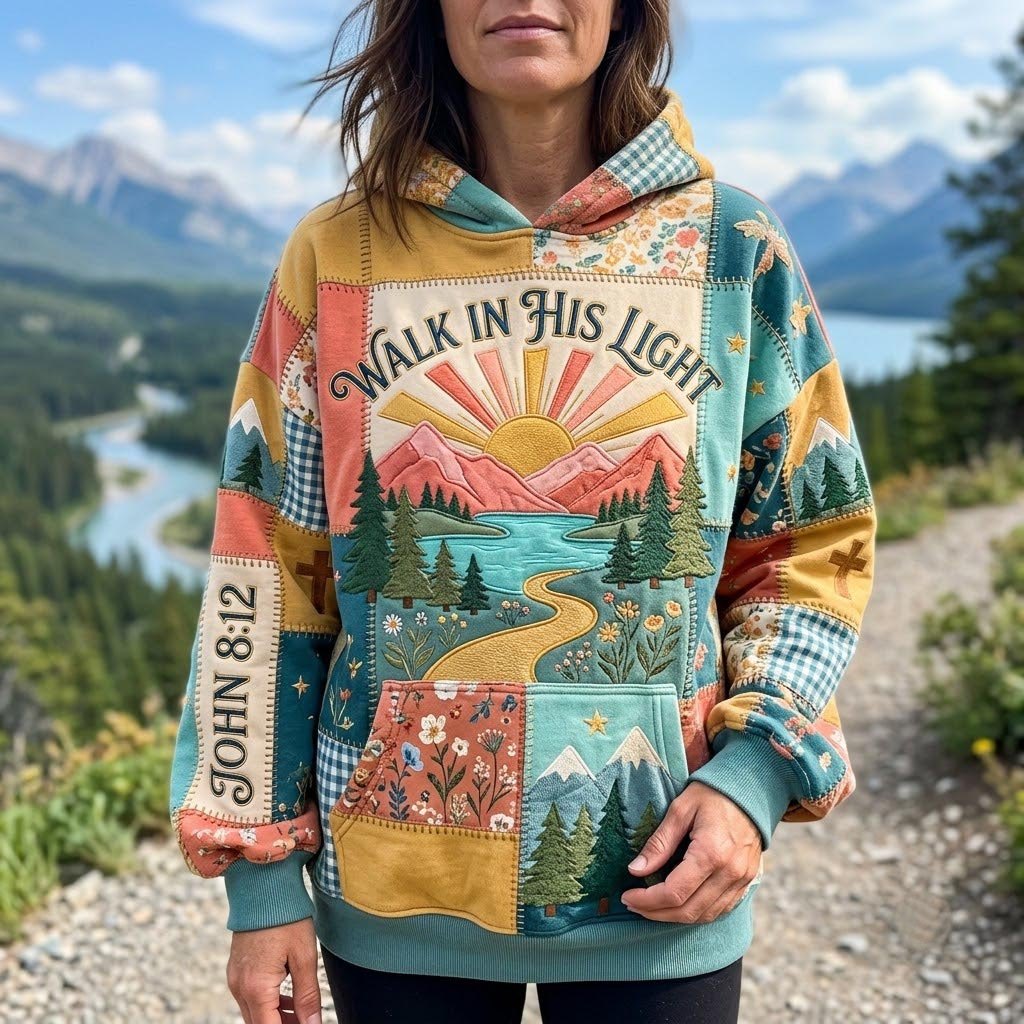 Walk in His Light Mountain Sunrise hoodie, all-over print