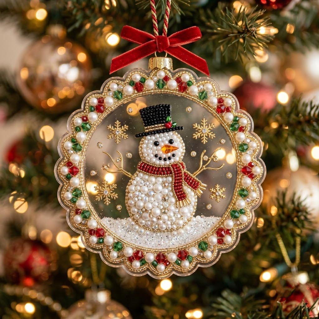 Pearl Snowman Scalloped Medallion Christmas Ornament