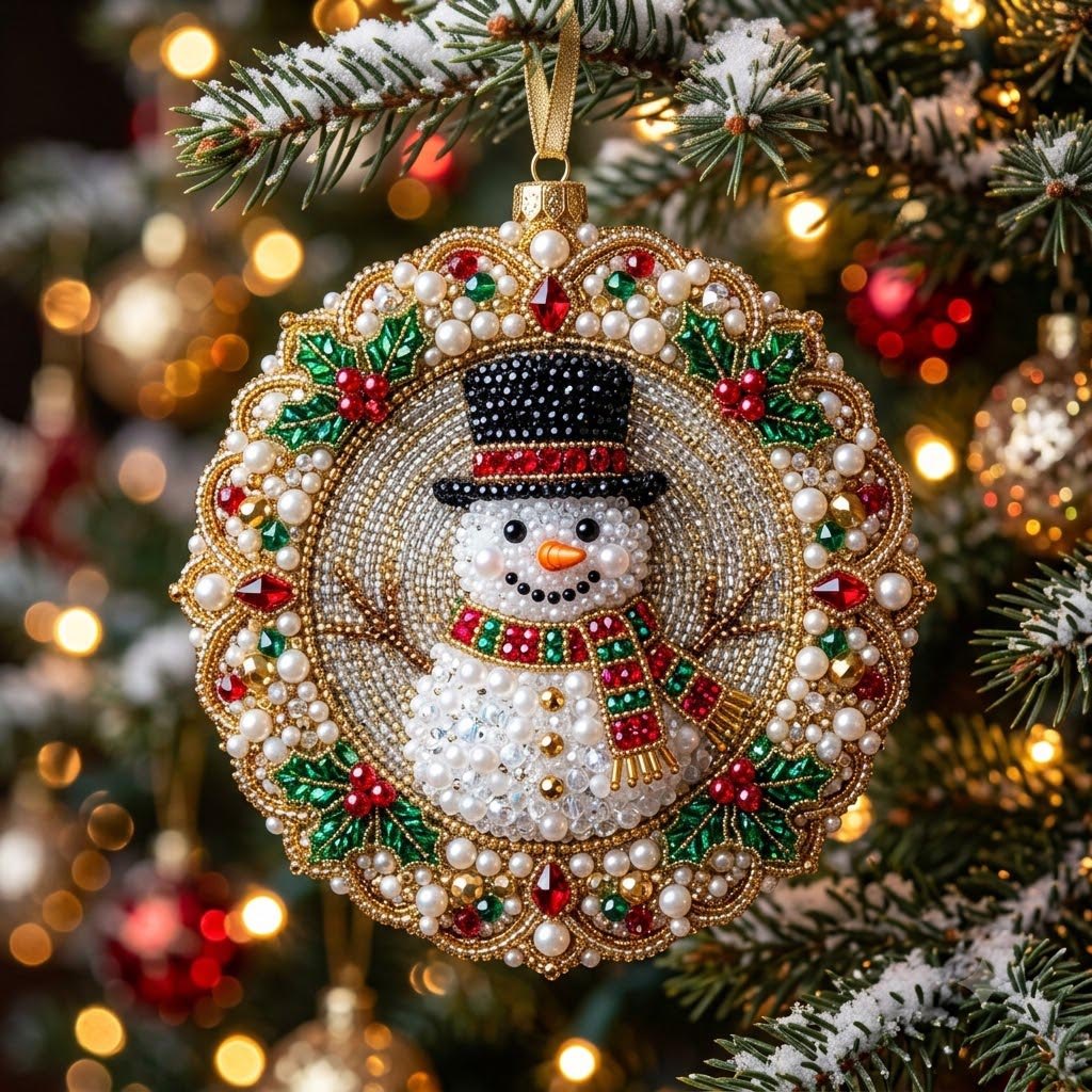 Beaded Snowman in a Jewel Ring Christmas Ornament