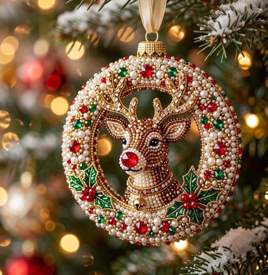 Beaded Reindeer Wreath Disc Christmas Ornament