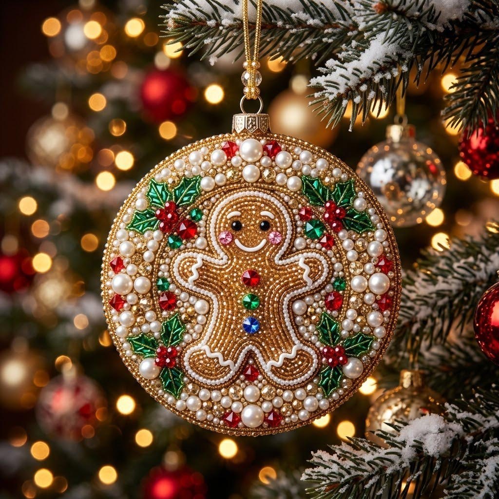 Beaded Gingerbread Man Disc Christmas Ornament
