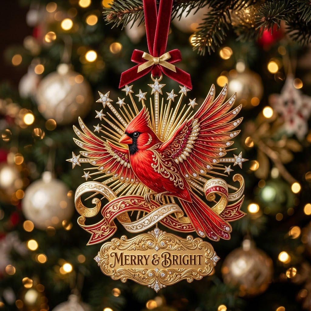 Merry and Bright Cardinal Banner Christmas Ornament