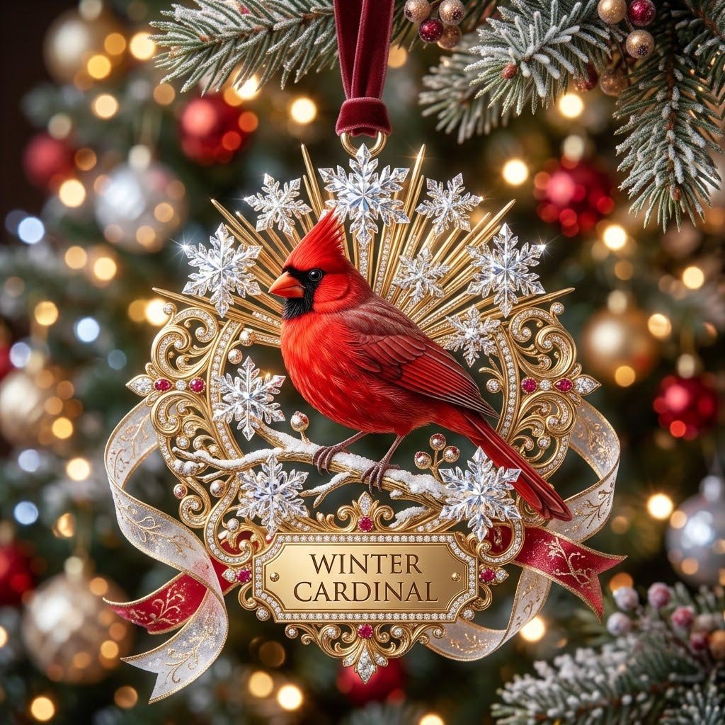 Winter Cardinal Gold Plaque Christmas Ornament