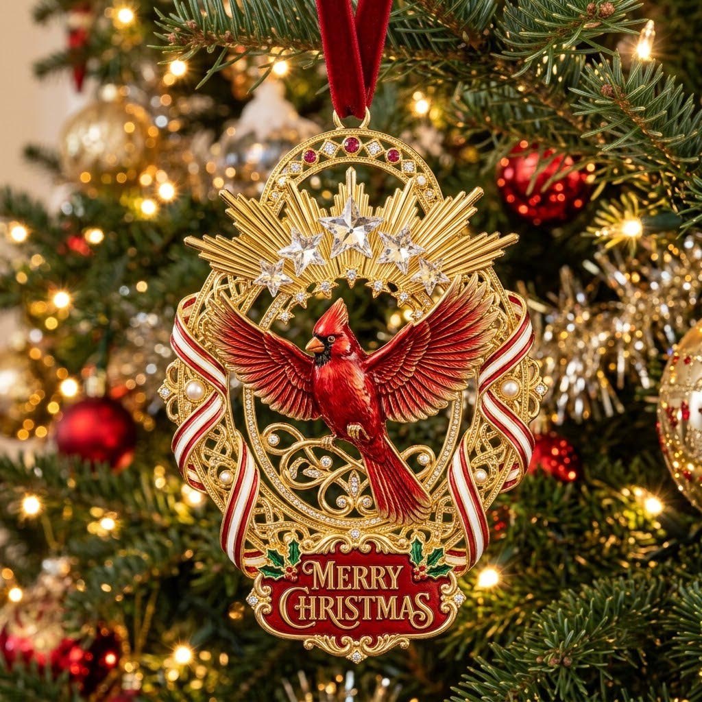 Merry Christmas Cardinal Crest Christmas Ornament