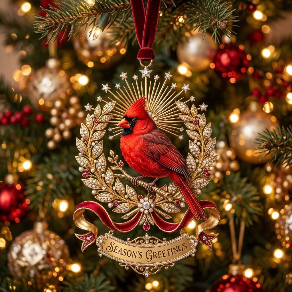 Seasons Greetings Cardinal Laurel Christmas Ornament