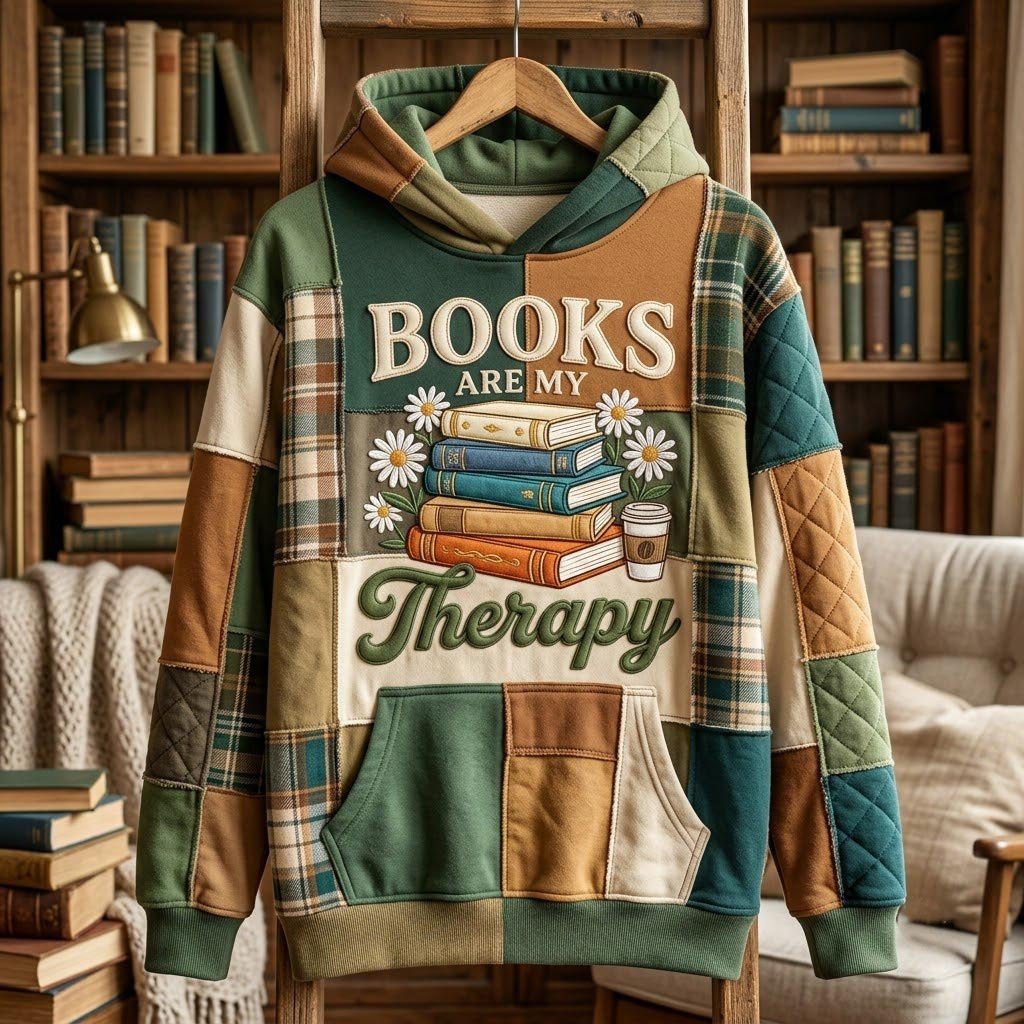 Books Are My Therapy on Green Plaid hoodie, all-over print