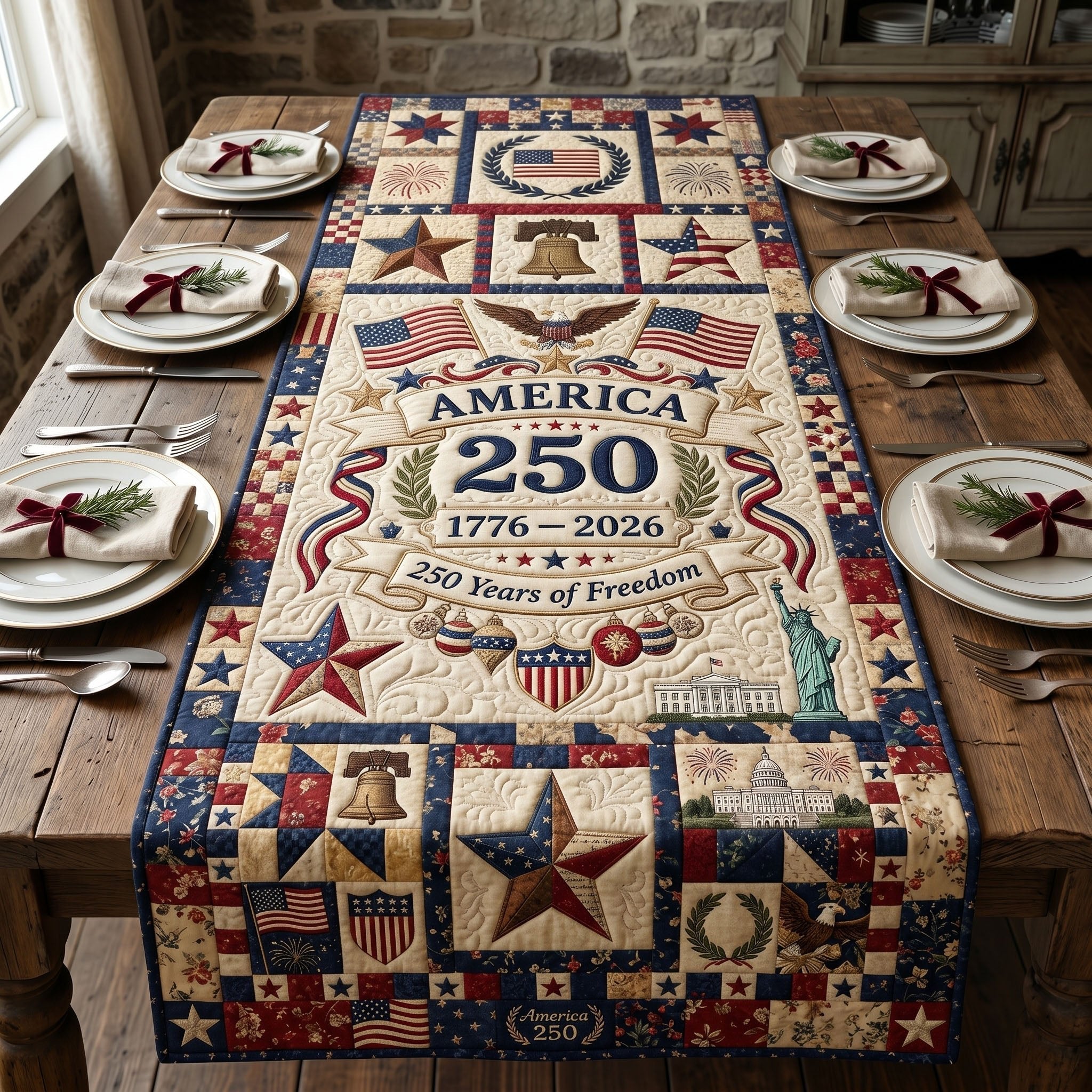 America 250 with Star Blocks Table Runner