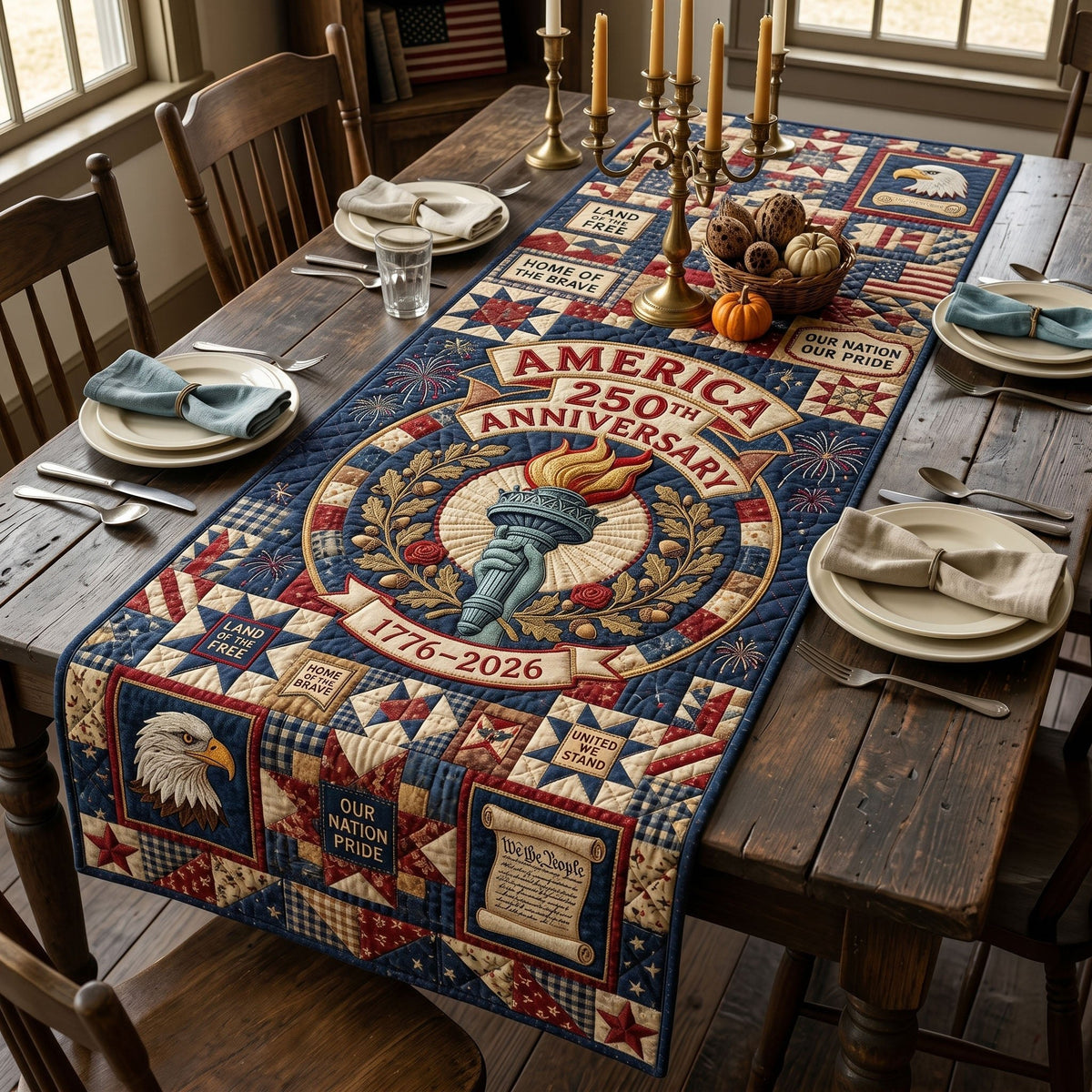 America 250th Anniversary Torch Medallion Table Runner