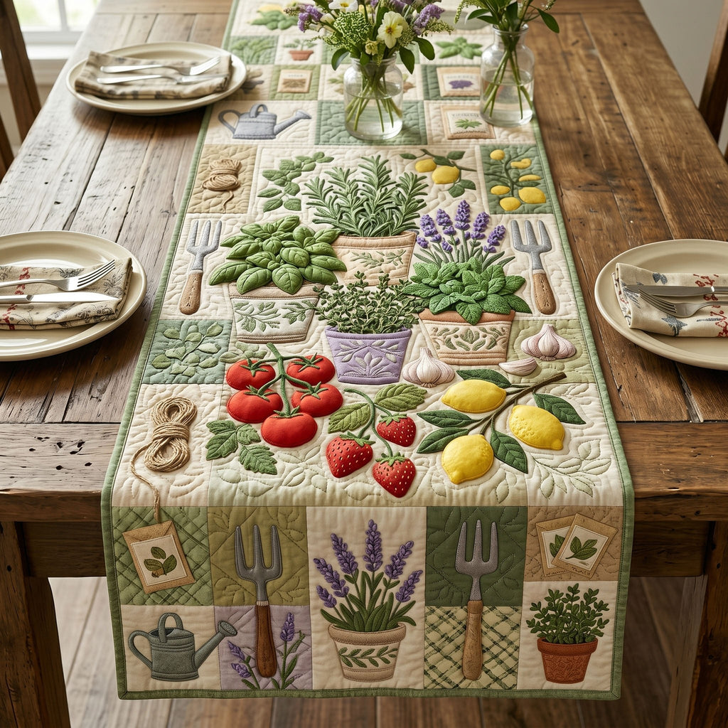 Vegetables and Garden Tools Blocks Table Runner