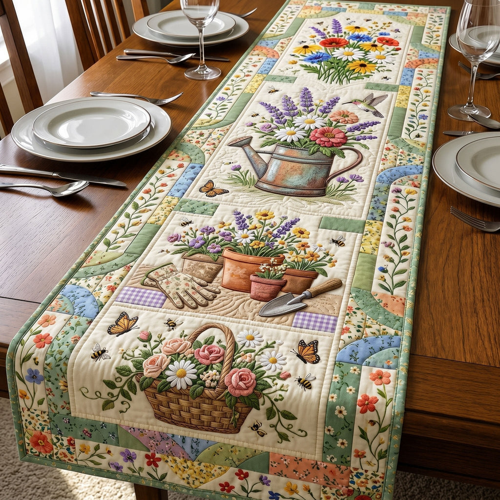 Flower Baskets and Watering Cans Table Runner