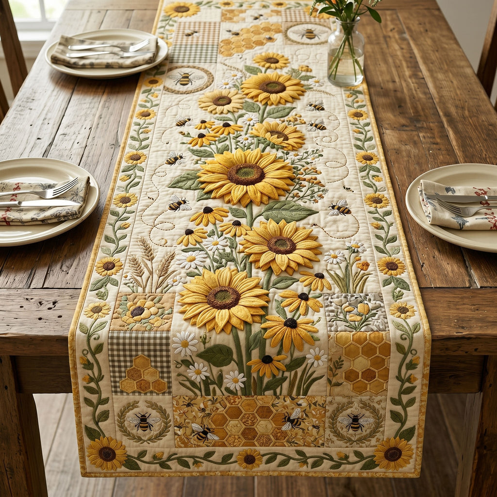Sunflowers and Bees on Cream Table Runner
