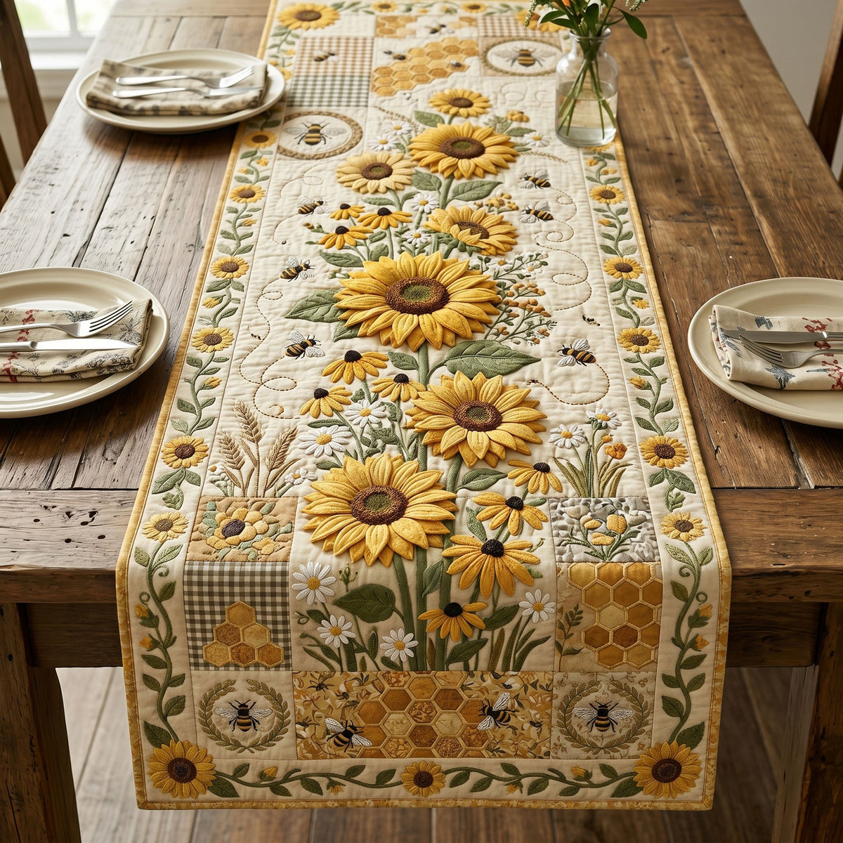 Sunflowers and Bees on Cream Table Runner