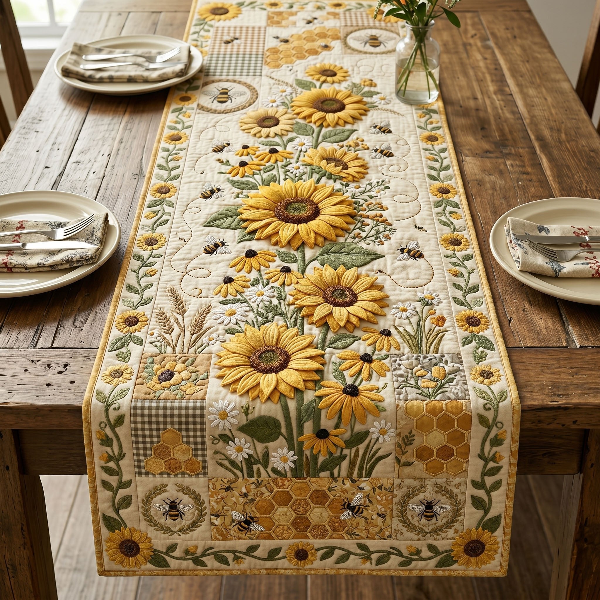 Sunflowers and Bees on Cream Table Runner