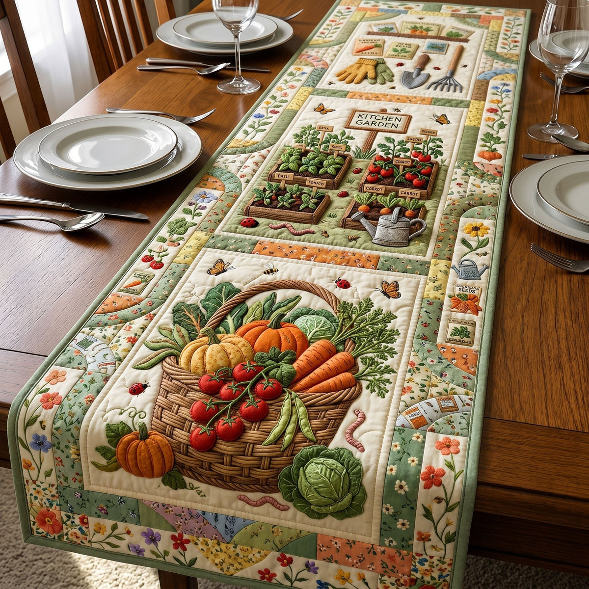 Harvest Basket with Pumpkins and Carrots Table Runner