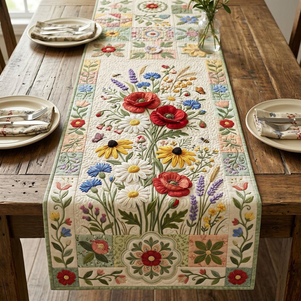 Red Poppies and Wildflowers on Cream Table Runner