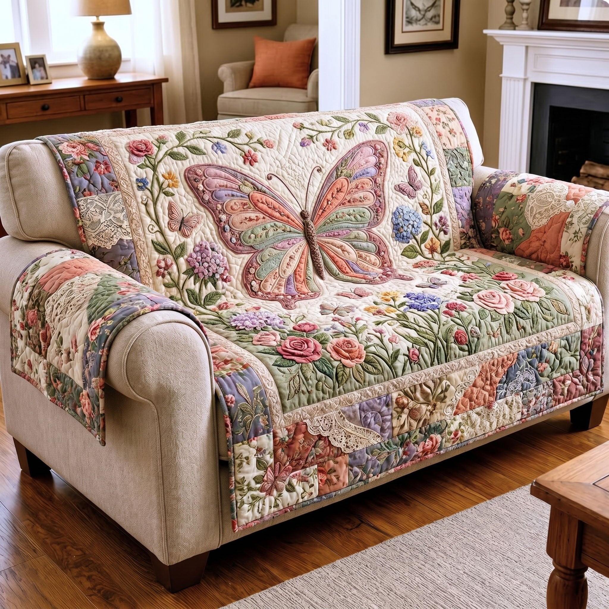 Pink Butterfly in the Cottage Garden Sofa Cover