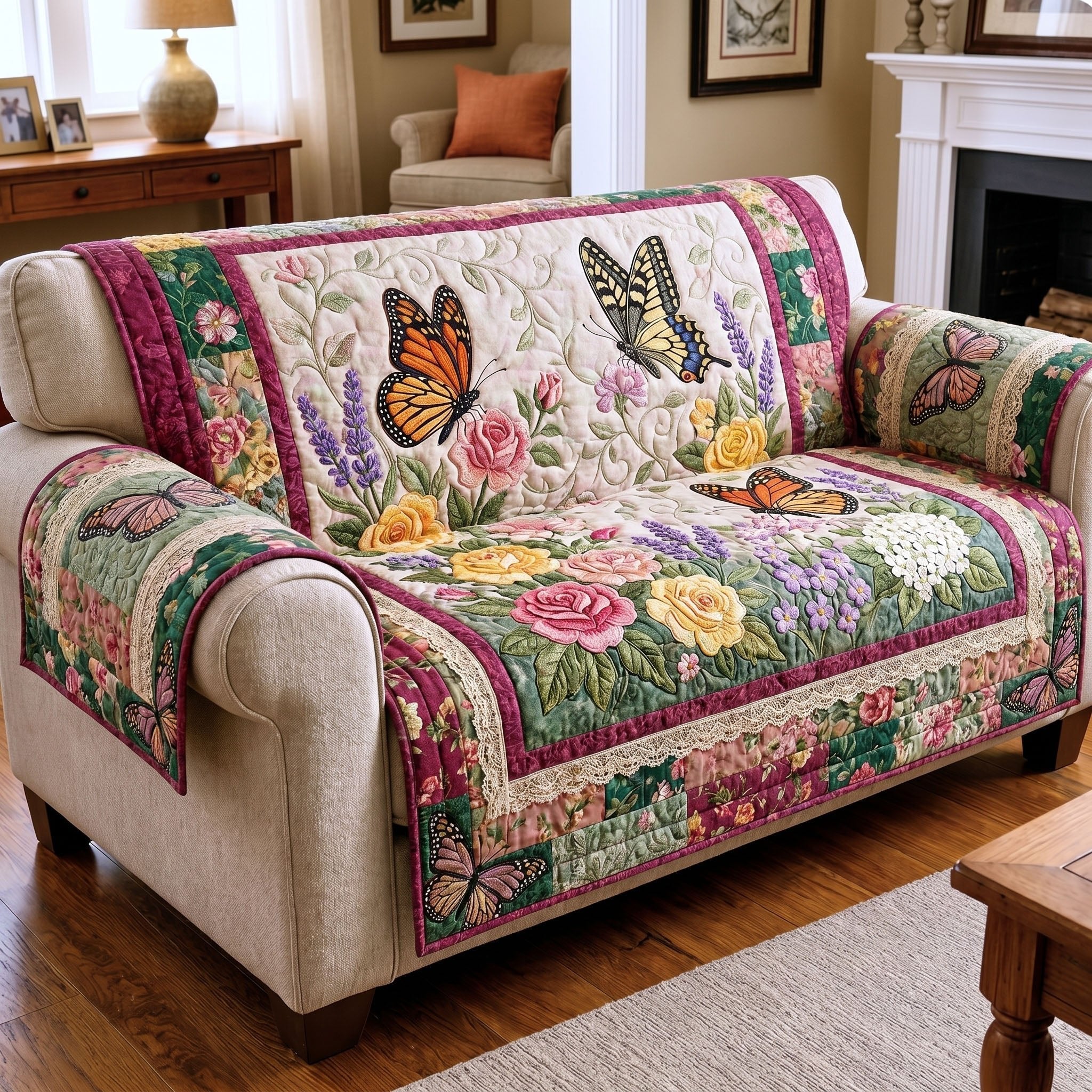 Monarch Butterflies Among the Roses Sofa Cover