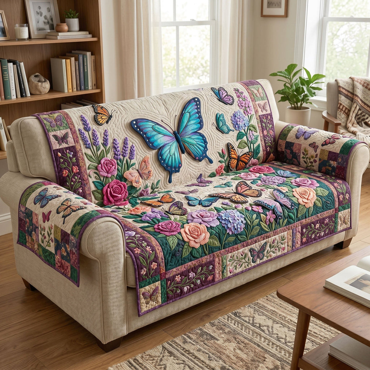 Blue Butterfly on Floral Patchwork Sofa Cover
