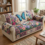 Blue Butterfly on Floral Patchwork Sofa Cover