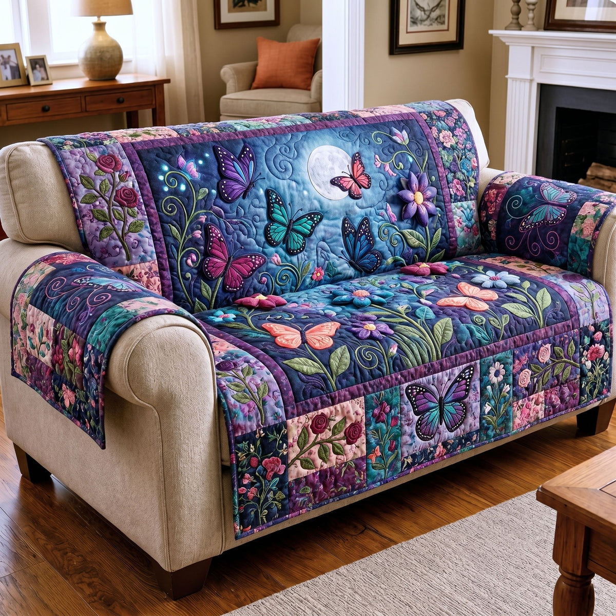 Butterflies on Navy Garden Blocks Sofa Cover