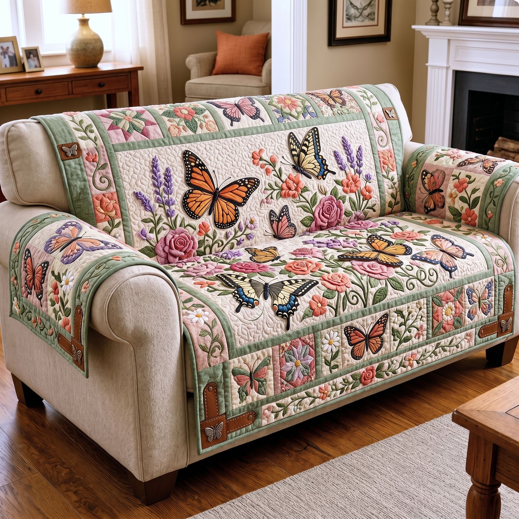 Monarchs and Lavender on Cream Sofa Cover