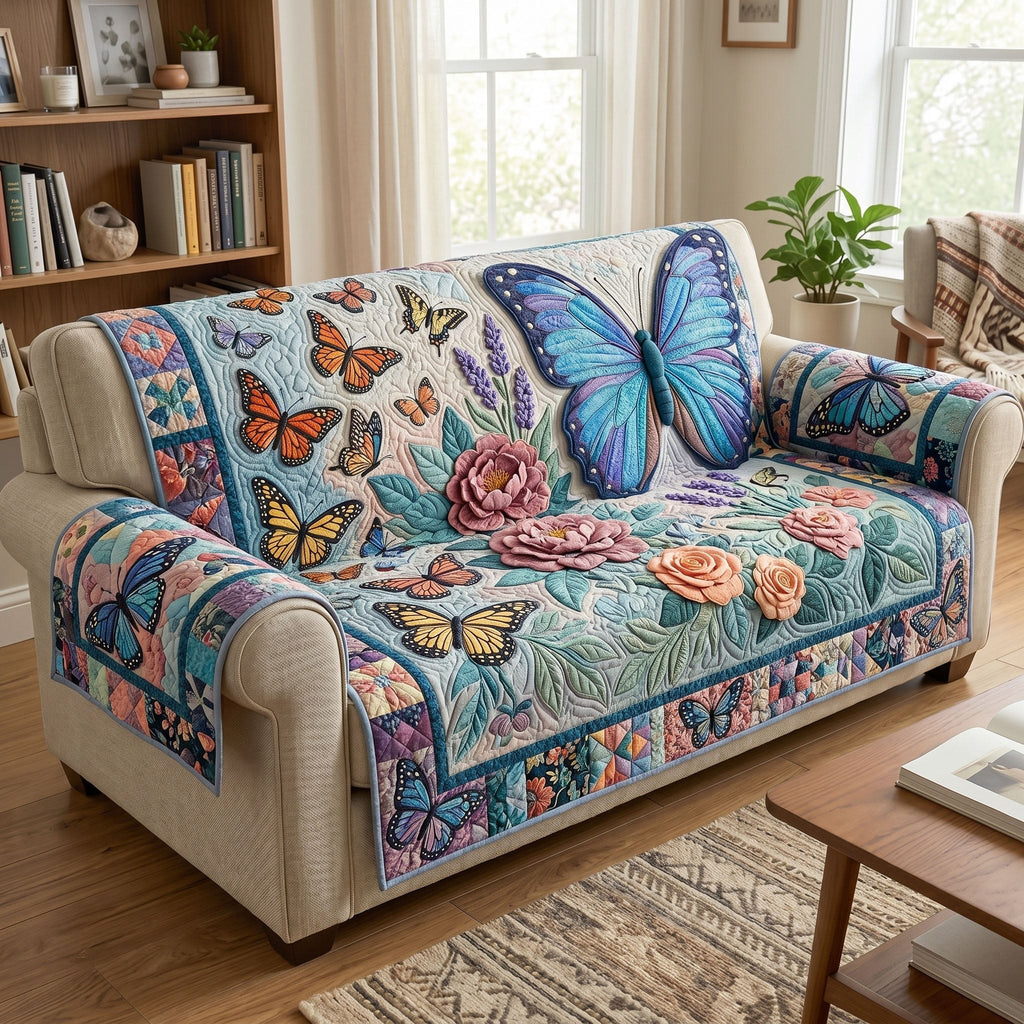 Blue Butterflies Over Teal Blooms Sofa Cover