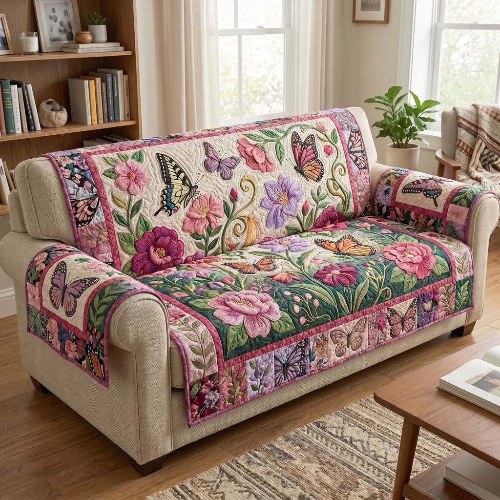 Butterflies in Pink and Green Flower Beds Sofa Cover