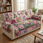 Butterflies in Pink and Green Flower Beds Sofa Cover