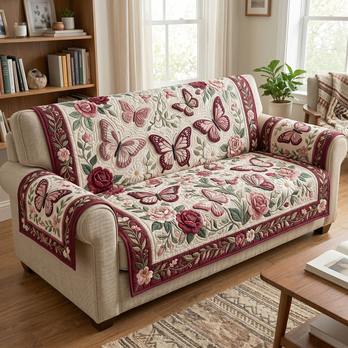 Burgundy Butterflies with Cream Roses Sofa Cover