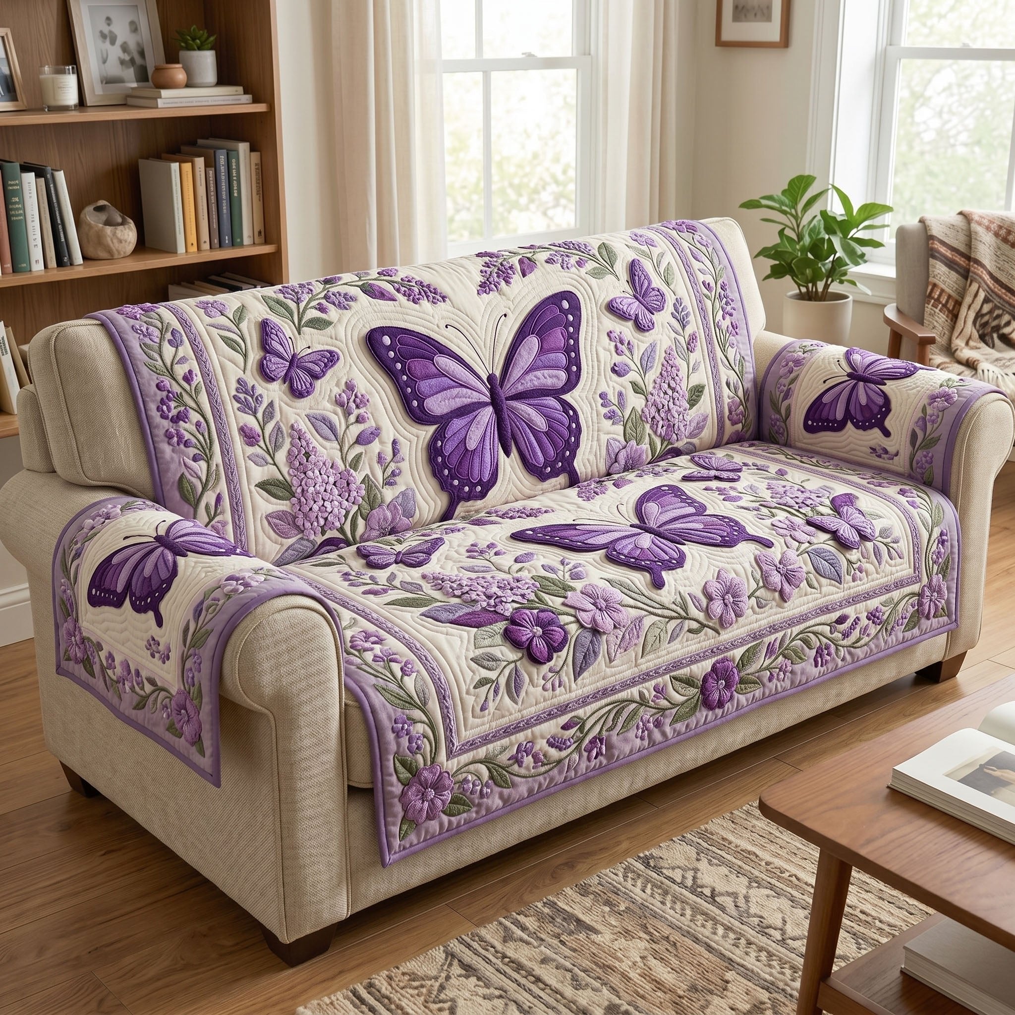 Violet Butterflies on Lavender Fields Sofa Cover