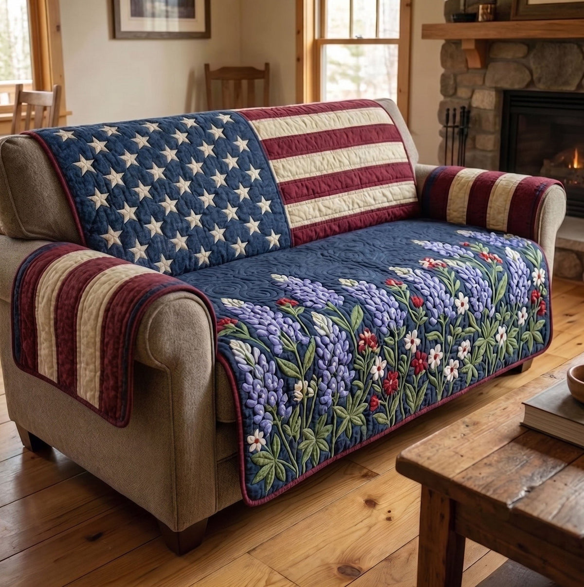 Flag Above the Lupine Flowers Sofa Cover