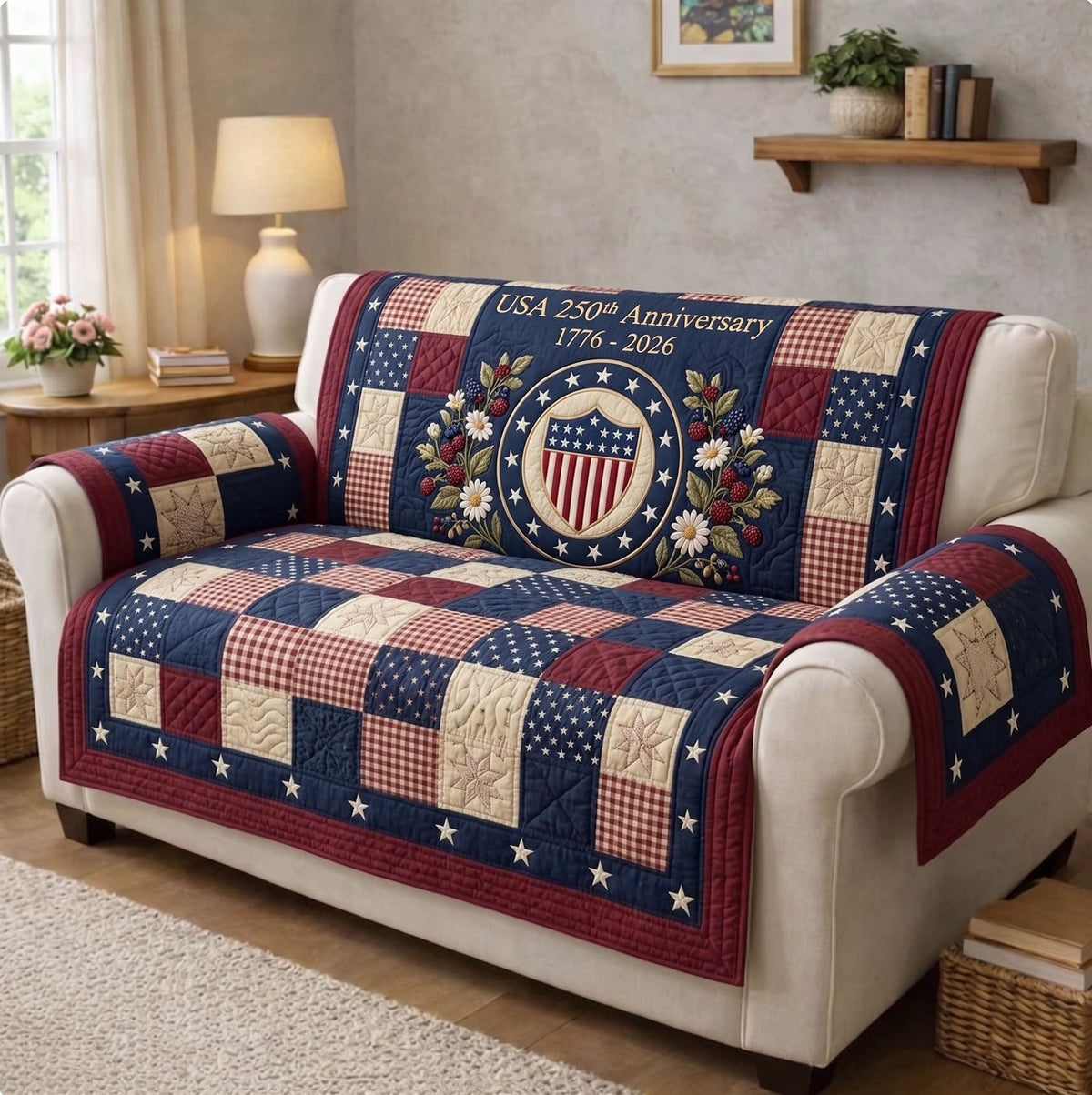 USA Anniversary Crest on Checks Sofa Cover