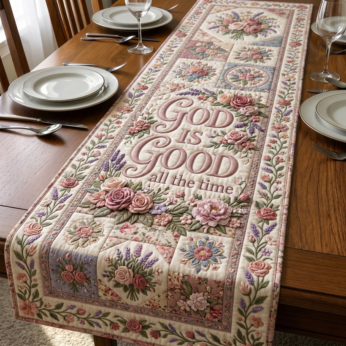 God Is Good with Pink Roses Table Runner