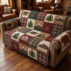 Bear and Pine Blocks on Rustic Plaid Sofa Cover