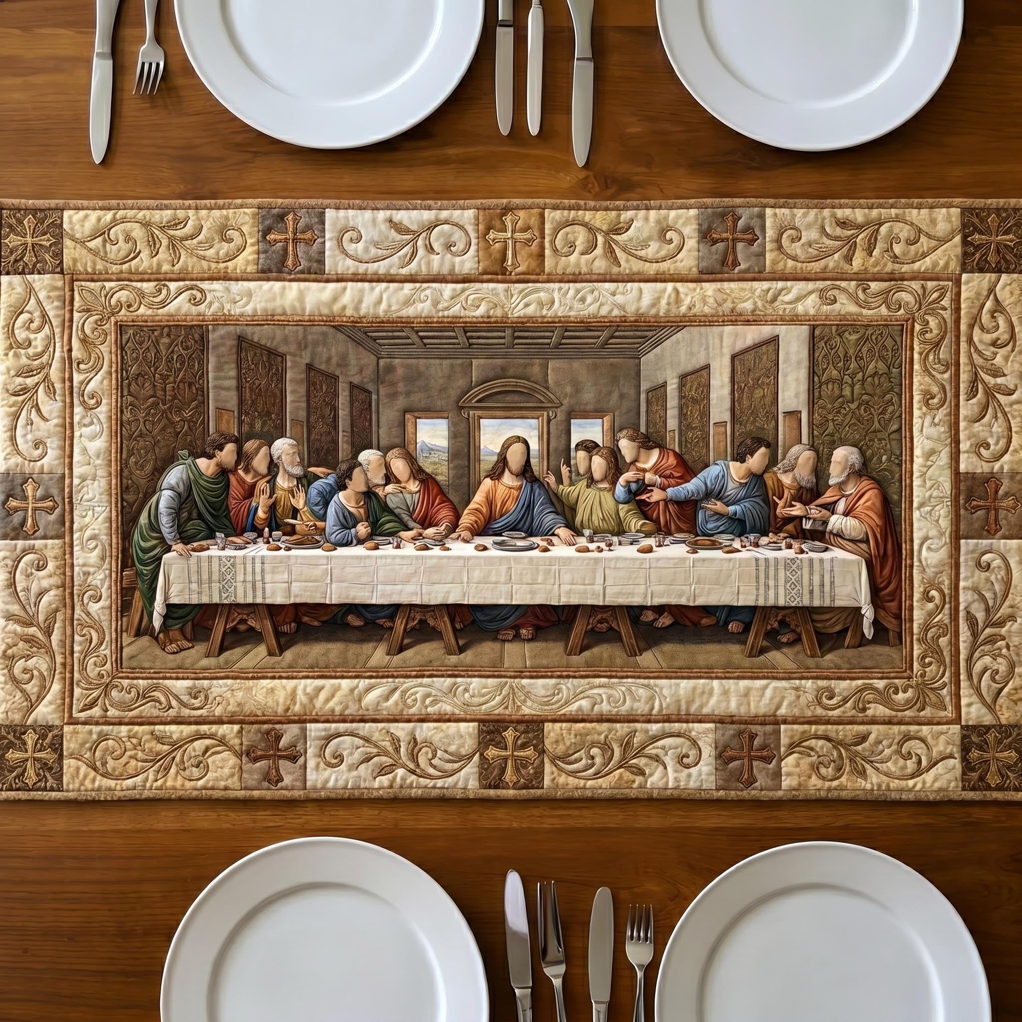 Last Supper in Carved Cream Panel Table Runner