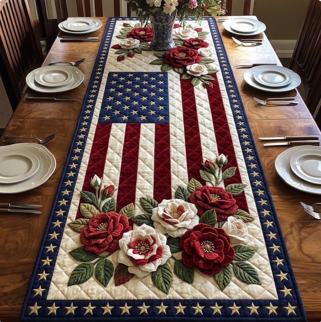 Roses on American Flag Stripes Table Runner