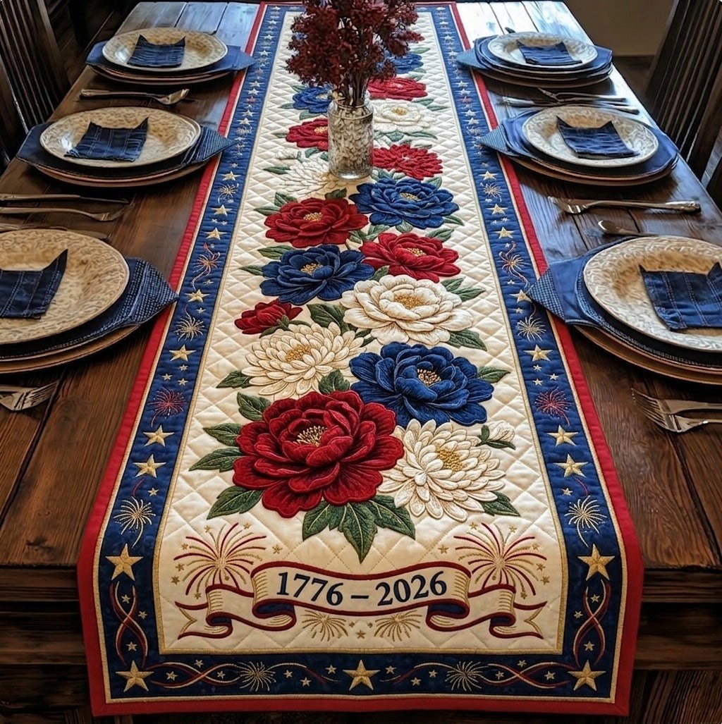 Red and Blue Roses 1776 to 2026 Table Runner