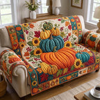 Pumpkins and Sunflowers on Teal Sofa Cover