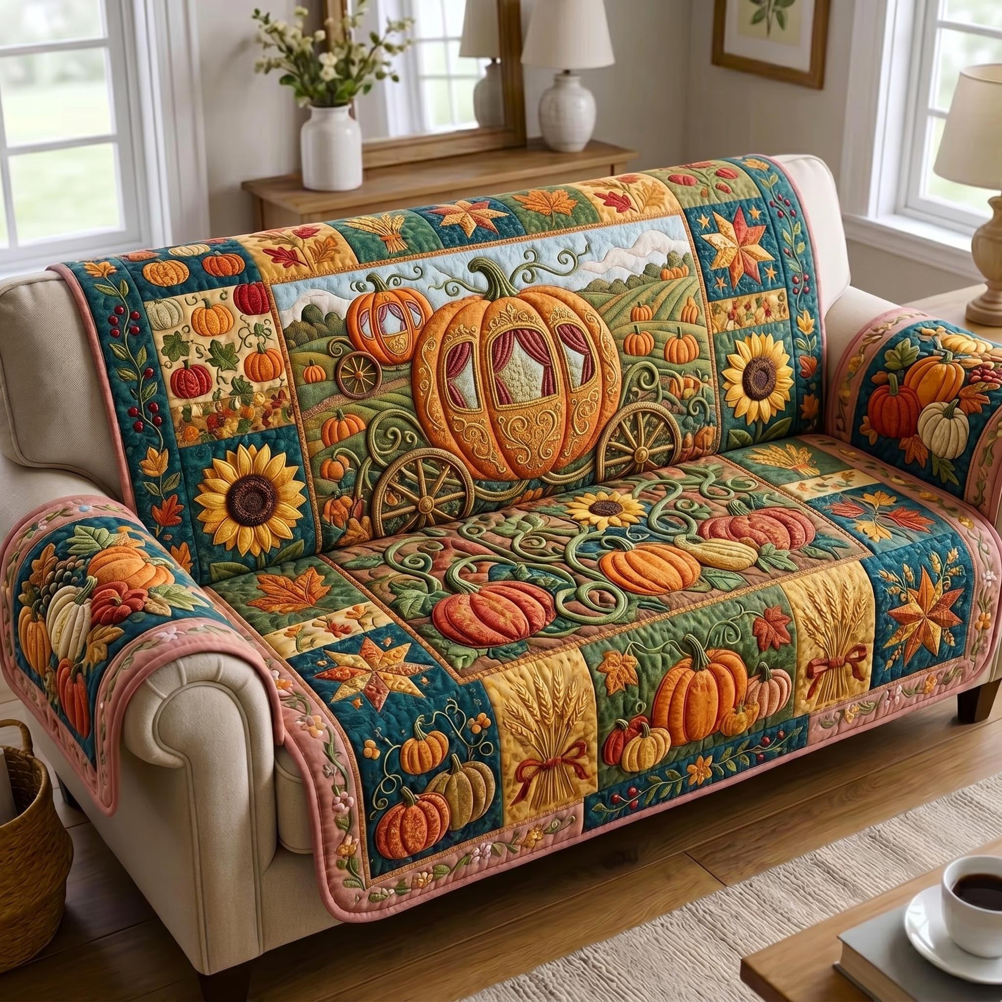 Pumpkin Carriage with Sunflowers Sofa Cover